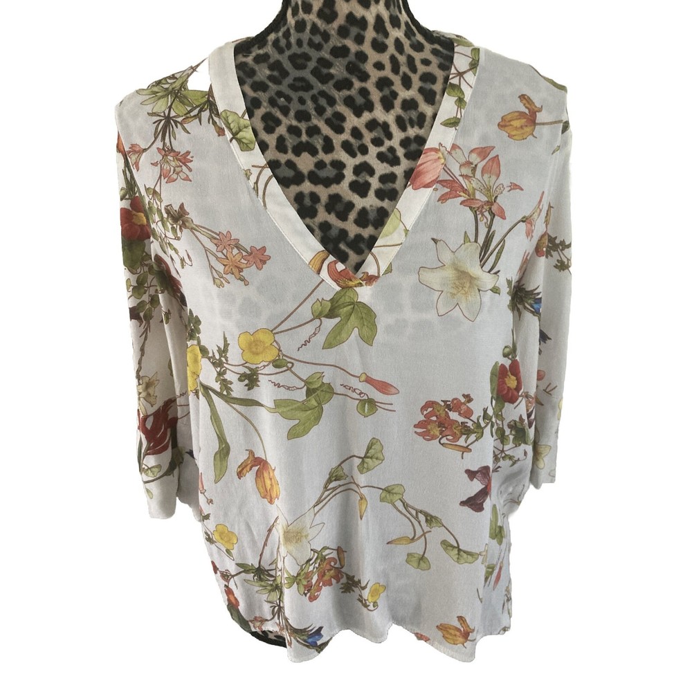 Zara Woman Blouse S White Floral Boho Light Academia 3/4 Sleeve Hi Low hem